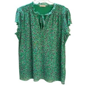 Joie de Vivre Floral Blouse Wmn M Green Polyester Boho Ruffle Tie Neck Chic Top